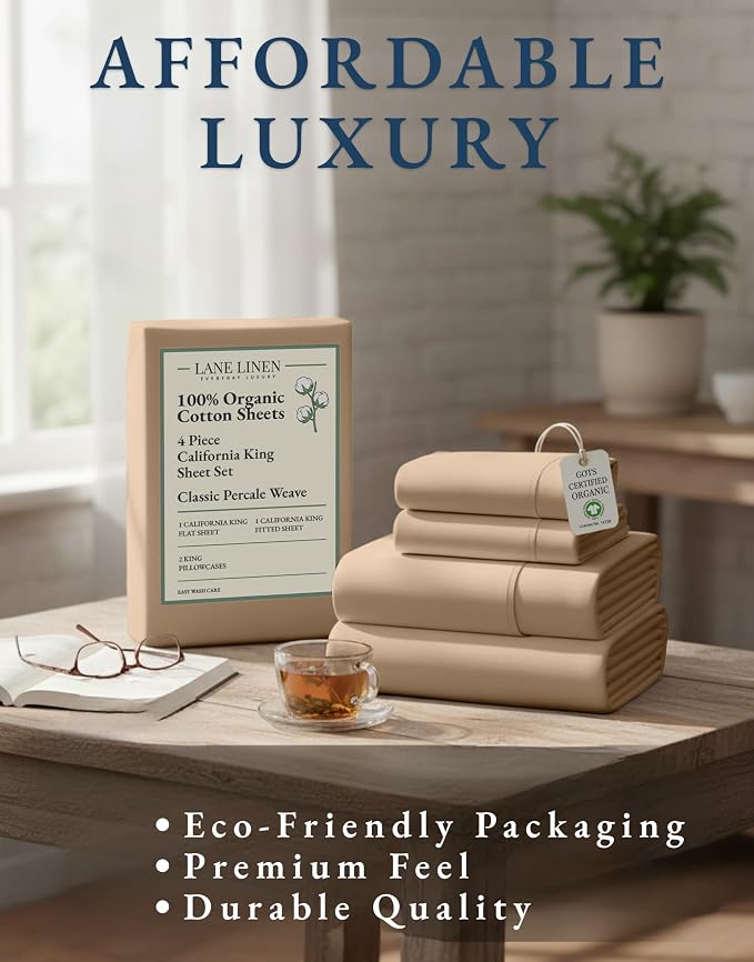 LANE LINEN Cal King Sheet Set 100% Organic Cotton Soft 4pc Percale - Taupe | Cal King Sheets In GOTS Certified Organic Cotton Percale - Crisp Cool Percale Weave, Great For Gifting, For Hot Sleepers