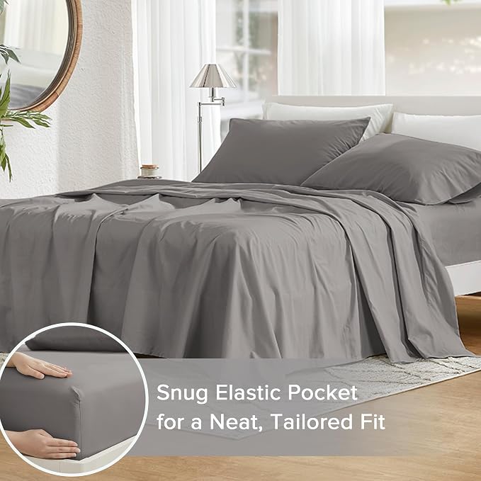 Comfort Spaces 100% Cotton Percale Sheets Cal King Size 4 Pcs, Dark Gray | Crisp, Cool & Breathable Bed Sheets, 14" Deep Pocket Fits Up to 16" Mattress, Lightweight, All Season Cozy, with Pillow Case