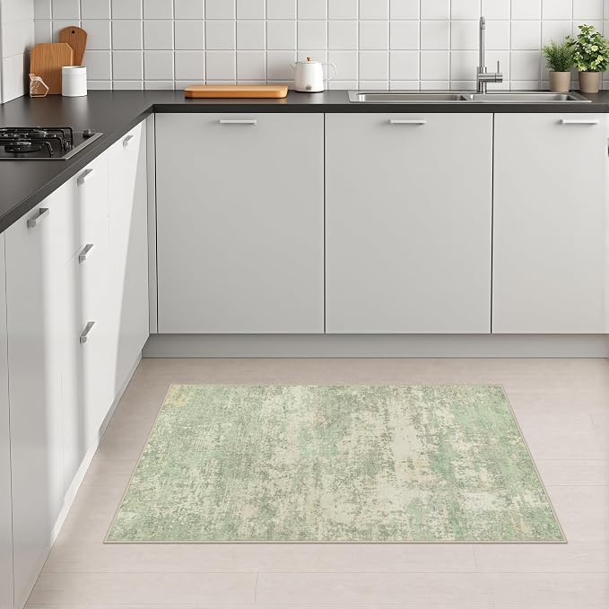 2x3 Washable Entryway Rug: Modern Abstract Soft Carpet Green Cream | For Entrance, Bedroom, Kitchen, Laundry, Bathroom,Door Mat,Modern Abstract,Machine washable,Non-Slip,Stain Resistant,Indoor