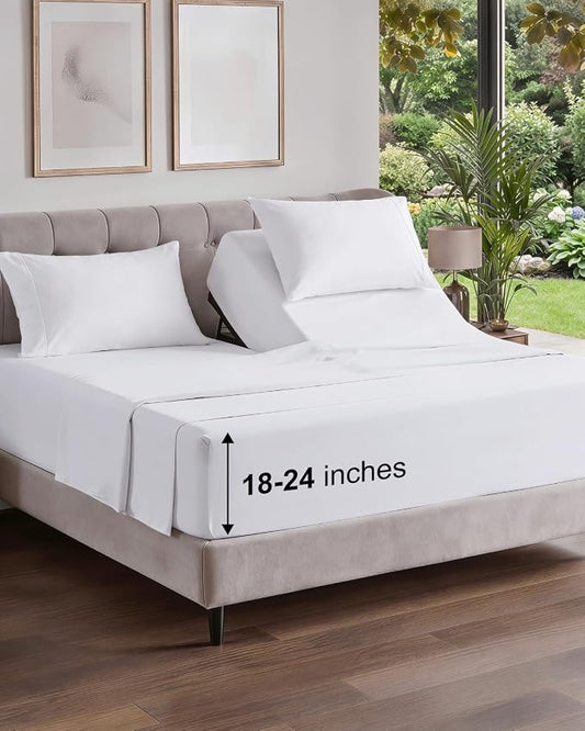 Flex Top Split Head King Sheet Set - 4 Piece Extra Deep Sheets - White | Easily Fits 18 to 24 inch Mattress, Ultra Soft, Wrinkle & Fade Free with Extra Deep Pockets, Comfy Hotel Luxury Bedding