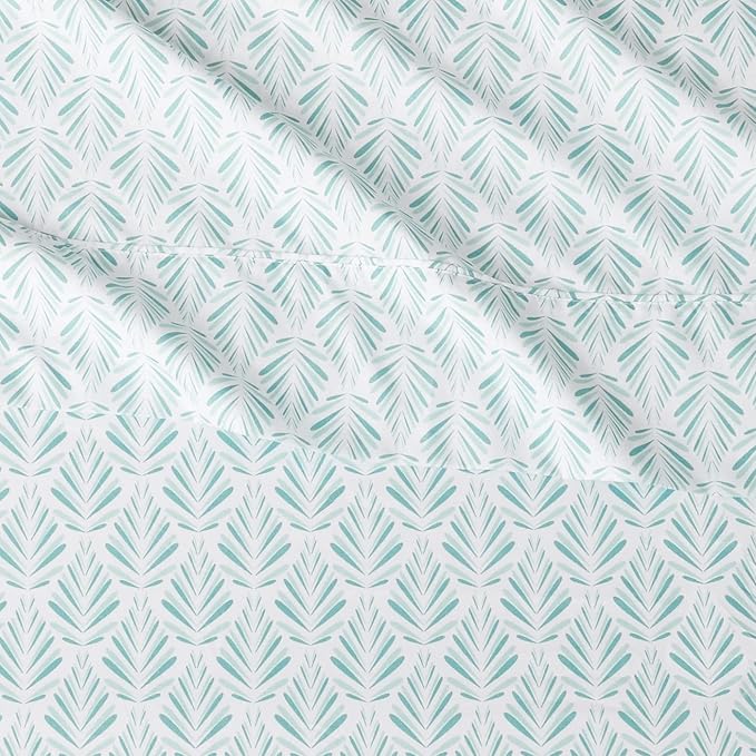 Amazon Basics Lightweight Breathable Wrinkle Resistant Microfiber 4-Piece Bed Sheet Set with 14-Inch Deep Pockets, Full, Aqua Fern, Printed
