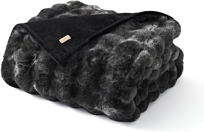 EverGrace Faux Rabbit Fur Bubble Throw Blanket, 60"x80", Marble Black | Ultra Soft, Luxury Faux Rabbit Fur Throw, Thick Warm Bubble Blanket, Cozy Fluffy Reversible, for Bed, Couch, Chair, Sofa