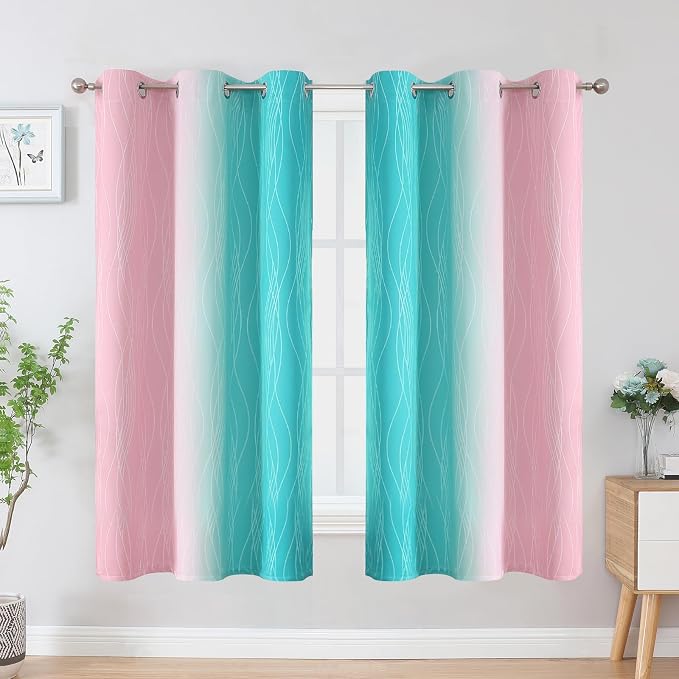 Pink and Teal Ombre Blackout Curtains for Bedroom 63 Inch | Gradient Thermal Insulated Curtains,Kids Room Darkening,Light Blocking Grommet Window Drapes for Living Room,42Wx63L,2 Panels