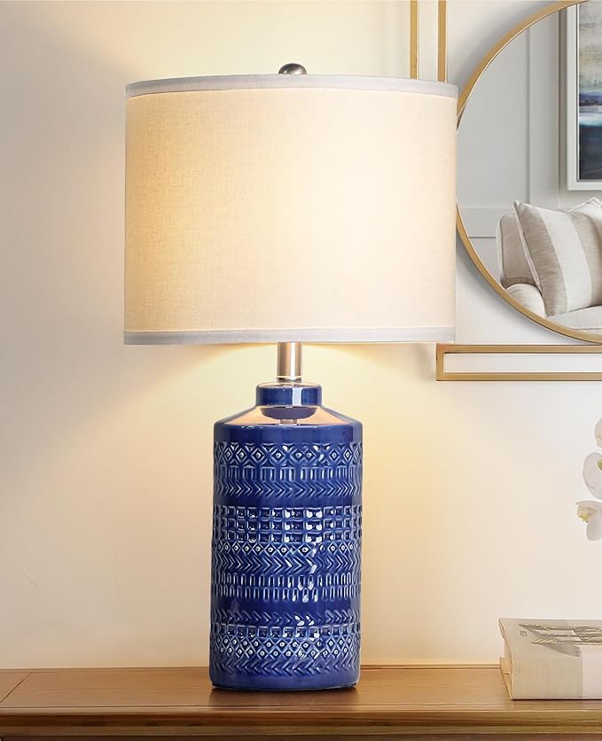 JUNNAI 24.5" Navy Blue Table Lamp Modern Bedside Ceramic Lamps for Living Room 3-Way Dimmable Entryway Nightstand Farmhouse Lamp for Home Office Bedroom, Bulb Included