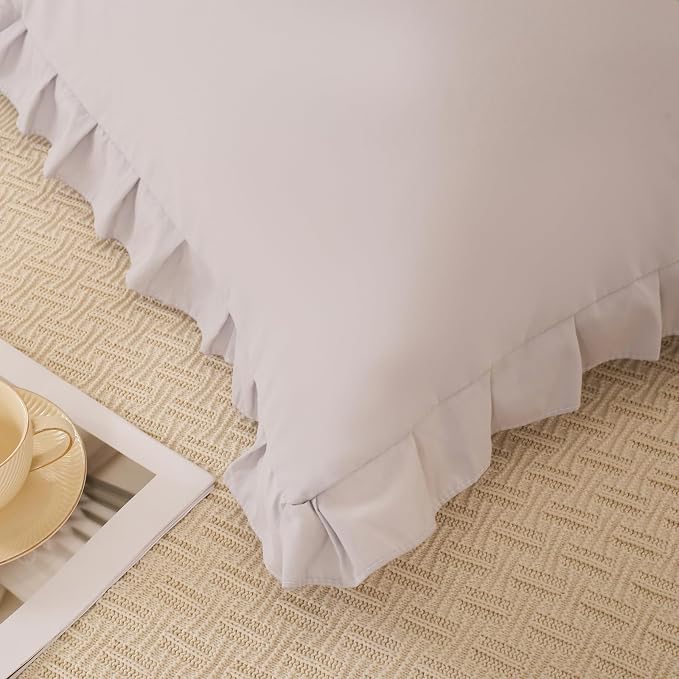 Beige Gray Pillow Shams Cute Ruffle Queen Pillowcases Solid Pillow Cover Set of 2 Shabby Chic Soft Light Gray Pillowcases 2 Pack (Queen (20''x30''), Beige Gray)