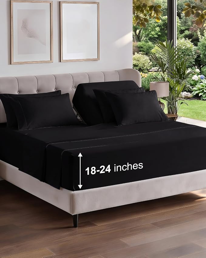 CGK Unlimited Extra Deep Flex Top Split Head King Sheet Set - 6 Piece Breathable and Cooling Sheets - Hotel Luxury Bedding for Women, Men, Kids & Teens - Easy Secure Fit - Extra Deep Pockets - Black
