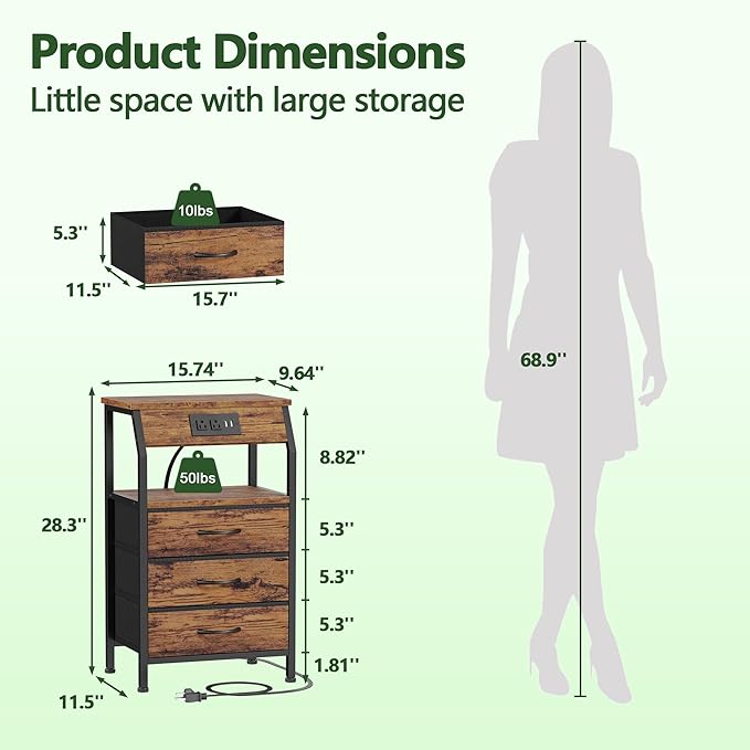 Furnulem Night Stand with Charging Station, 3 Fabric Drawers Bedside Table | Rustic Brown Dorm Nightstand For Bedroom, 28.3 Inch Tall, Usb Ports & Outlets, Side Table with Storage Shelf, 3 Ways to Use