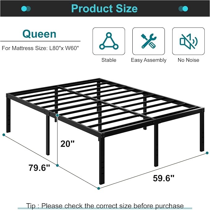 Maenizi 20 Inch Queen Bed Frame No Box Spring Needed Heavy Duty Metal | Queen Platform Bed Frame Support Up to 3000 lbs, Easy Assembly, Noise Free, Black