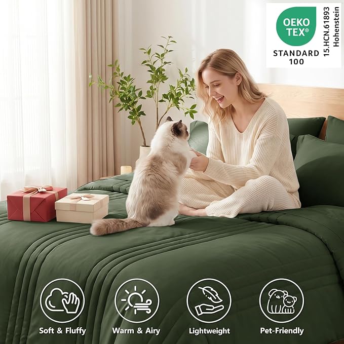 Twin XL Comforter Set Olive Green - 5 Pieces Complete Bedding Set | College Dorm Essentials, OEKO-TEX Certified, 240GSM Down-Alternative Comforter, 14" Deep-Pocket Sheets, Sham & Pillowcase