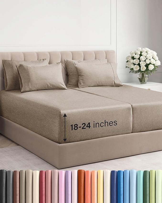 Extra Deep Split King Sheet Set - 7 Piece Cooling Sheets - Heathered Beige | Hotel Luxury Bed Sheets Set, Easy & Secure Fit, Ultra-Soft, Wrinkle & Fade Free, Comfy Sheets Set with Extra Deep Pockets