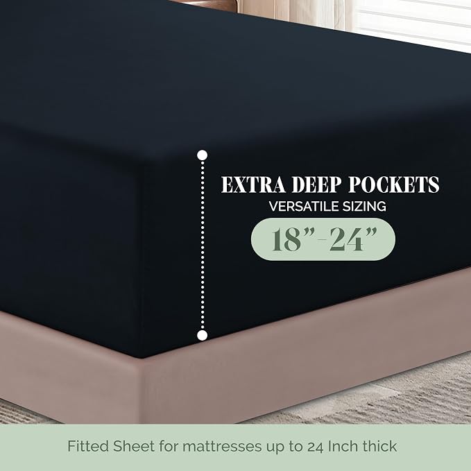 Elegant Comfort Luxurious 1500 Premium Hotel Quality Microfiber 4-Piece Sheet Set, 18-24 Inches Deep - Extra Deep Pocket Sheets - Ultra Soft 4PC Deep Pocket Sheets, Queen, Black