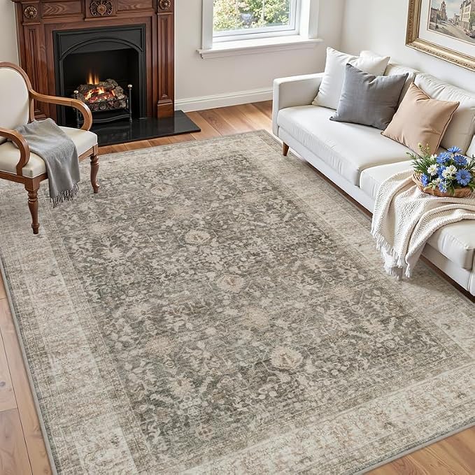 6x9 Area Rugs Living Room: Bedroom Washable Carpet Warm Taupe | Large Vintage Boho Indoor Decor Neutral Soft Nursery Farmhouse Dining Room Office Floor Non-Slip Low Pile Under Table Rug