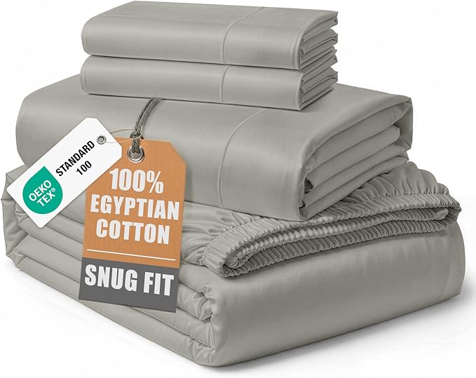 LANE LINEN King Bed Sheets 100% Egyptian Cotton Sateen - Silver | Deep Pocket King Sheet Set - 4-Piece Set, For A Luxurious Night's Sleep, For Guests And Everyday Use, Luxe Sheen