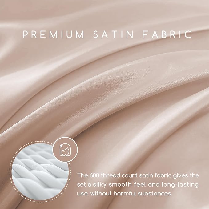 MR&HM Satin Sheets Twin Size with Elastic Corner Straps, Champagne | Similar to Silk, 3-Piece Silky Soft Bed Sheet Set, Gentle on Skin and Hair, 15" Deep Pocket, Cooling & Breathable