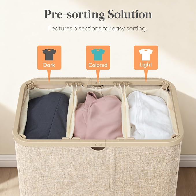 Lifewit 165L 3 Section Laundry Hamper with Lid, Laundry Basket, Beige | Large Foldable Laundry Sorter with 3 Removable Bags, Tall Clothes Hamper for Bedroom and Bathroom