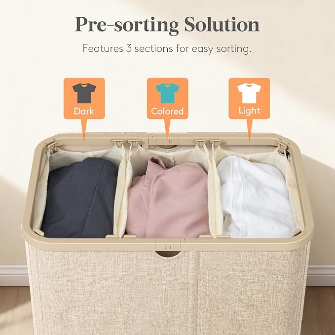 Lifewit 185L 3 Section Laundry Hamper with Lid, Laundry Basket, Beige | Large Foldable Laundry Sorter with 3 Removable Bags, Tall Clothes Hamper for Bedroom and Bathroom