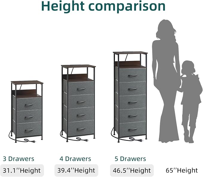 Somdot Tall Nightstand with 4 Drawers, Charging Station & LED Light | Fabric-Bin Dresser for Bedroom, Bedside, Kids Room, Dorm, Closet, Laundry and Entryway, Charcoal Grey
