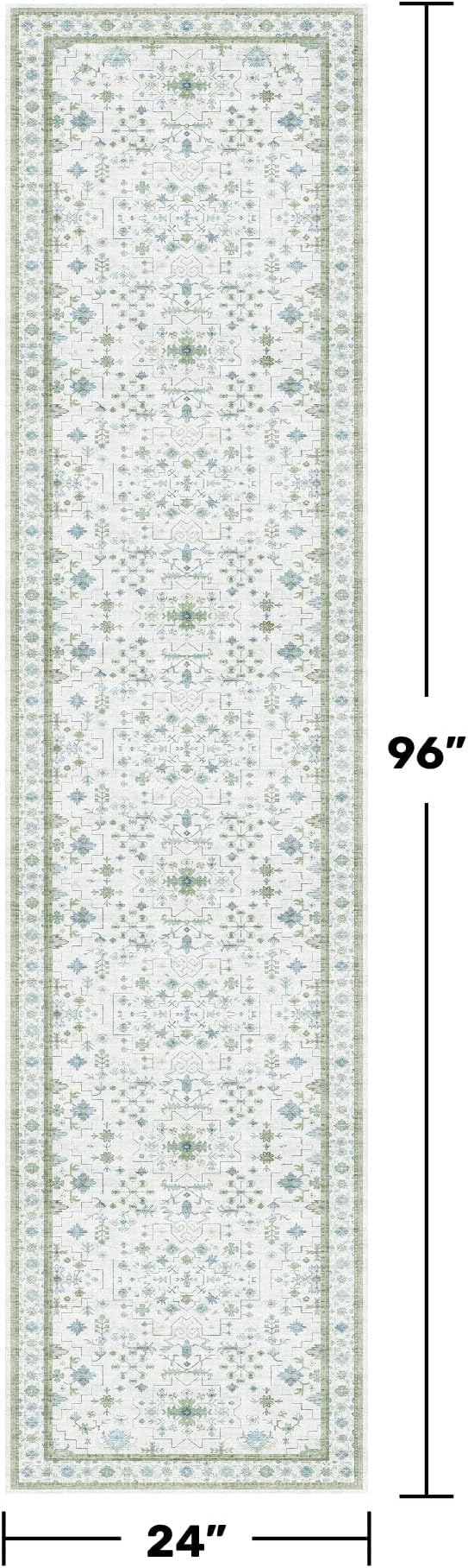 Washable Oushak 2x8 Bathroom Runner Rug - Vintage Turkish Floral 8ft Long Low Pile Non Slip Runners for Kitchen, Hallway - Cream Blue and Green