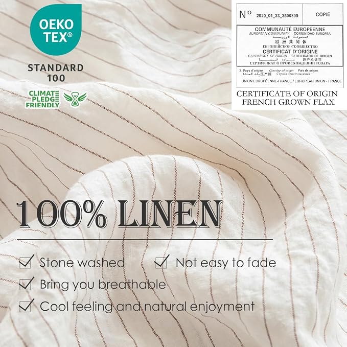 Simple&Opulence 100% Linen Duvet Cover Set 3pcs Yarn Dyed Vertical Pinstripe Ticking Pattern Natural French Washed Flax Breathable Farmhouse Bedding - Cinnamon Stripe, King Size