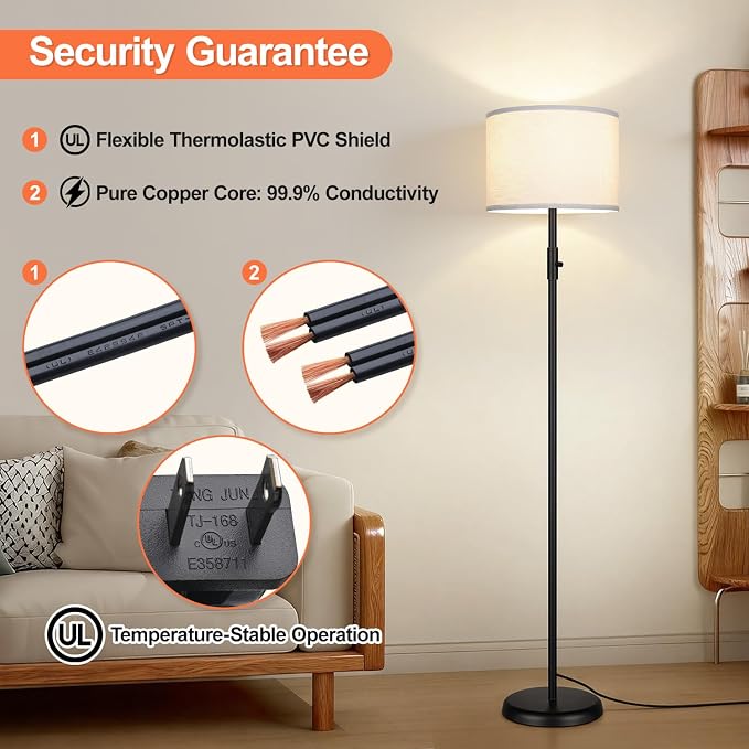 【Upgraded】 Dimmable Floor Lamp, Modern Floor Lamps Simple Design with White Shade for Living Room, Tall Standing Lamp for Bedroom Office Dining Room, Black Pole Lamp