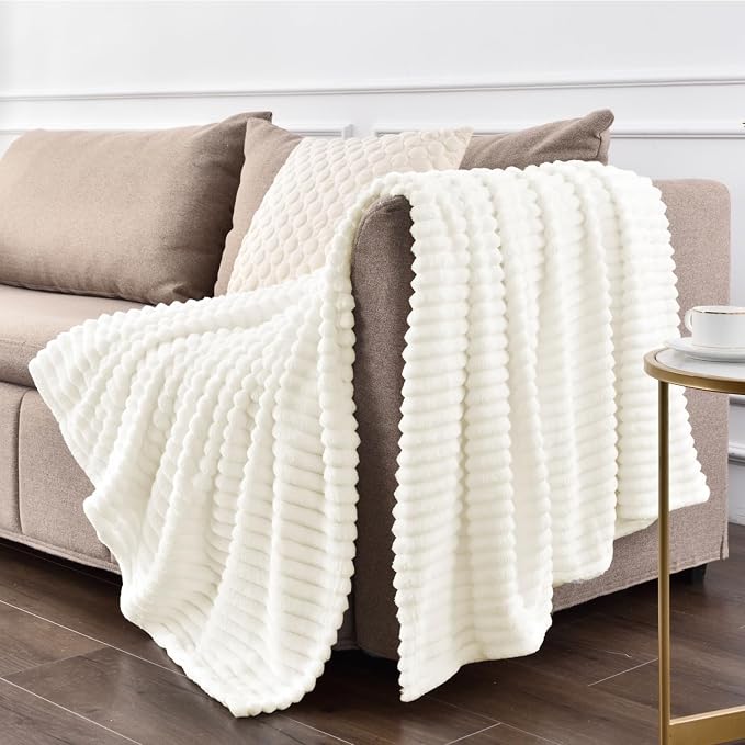 BEDELITE 3D Ribbed Jacquard Cream Blankets Queen Size for Bed, 90x90 Inch | Soft Warm Decorative Fluffy Blanket, Cozy Fuzzy Lightweight Plush Fleece Throw Blankets for Bed, Room Decor, Gift for Women