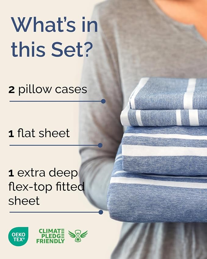 Flex Top Split Head King Sheet Set - 4 Piece Extra Deep - Blue Stripes 3 | Easily Fits 18 to 24 inch Mattress, Ultra Soft, Wrinkle & Fade Free with Extra Deep Pockets, Comfy Hotel Luxury Bedding