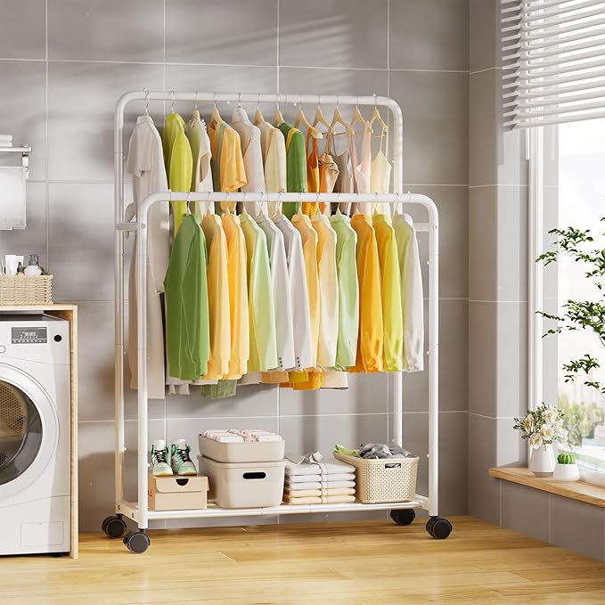 Simple Trending Clothing Clothes Rack, Double Rod Garment Rack, White | Portable Closet with Bottom Shelf, Anti-Slip Stoppers, 360° Lockable Wheels, Multiple Uses, Bedroom, Laundry Room