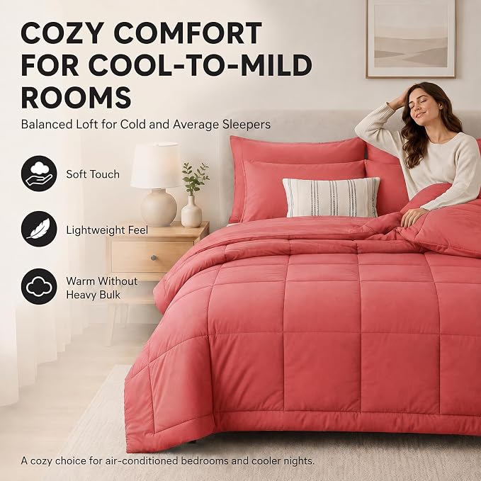 King Size Comforter Set Coral - 7 Pieces Bed in a Bag | OEKO-TEX Certified, All-Season, Bedroom, Guest Room, Down-Alternative Comforter + Flat & Fitted Sheets + 4 Pillowcases