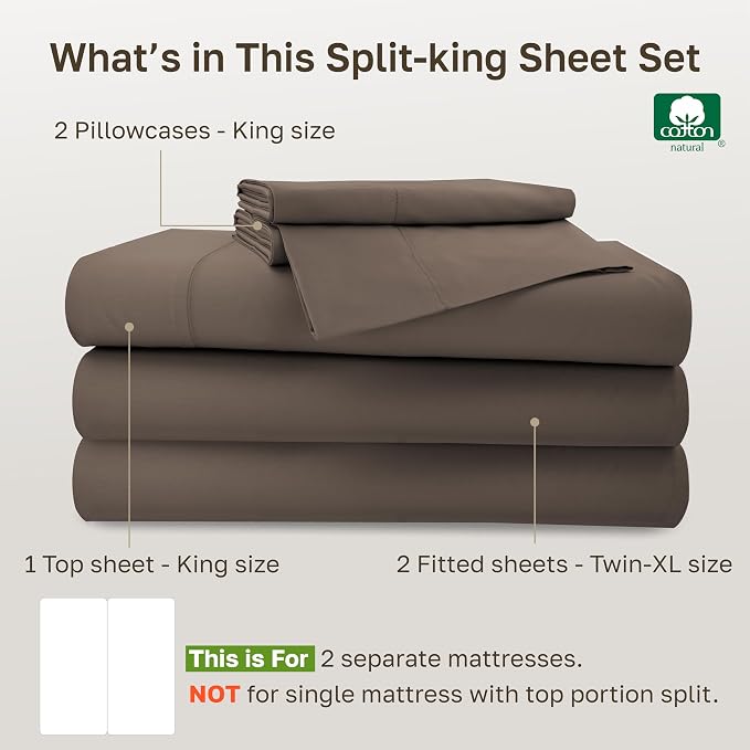 California Design Den 100% Cotton Sateen Split King Bed Sheets, 5 Pcs Set | 500 Thread Count with Good Housekeeping Seal, Split King Sheets Sets for Adjustable Bed with 2 Separate Twin-XL Mattresses