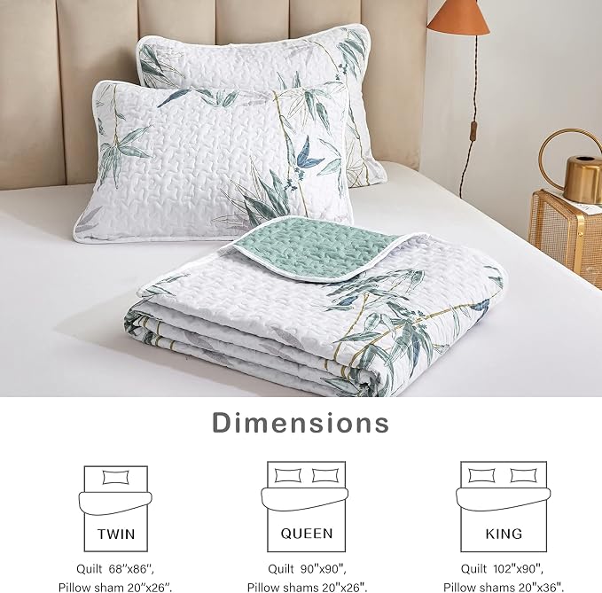 Botanical Quilt Set 3 Pieces King Size, Green Leaves Printed on White Reversible Bedspread Coverlet Set, Soft Microfiber Lightweight Bed Cover for All Season (102" x 90", 1 Quilt+ 2 Pillow Shams)
