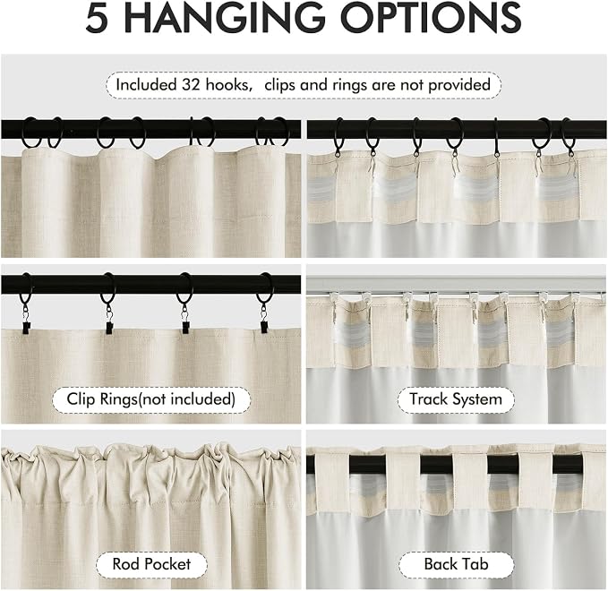 MIULEE 100% Blackout Back Tab Pleat Linen Curtains 50" Wx84 L,Light Cream | 2 Panels,Thick Faux Linen,Floor to Ceiling,with Hooks,for Bedroom Living Room,Black Out,Room Darkening