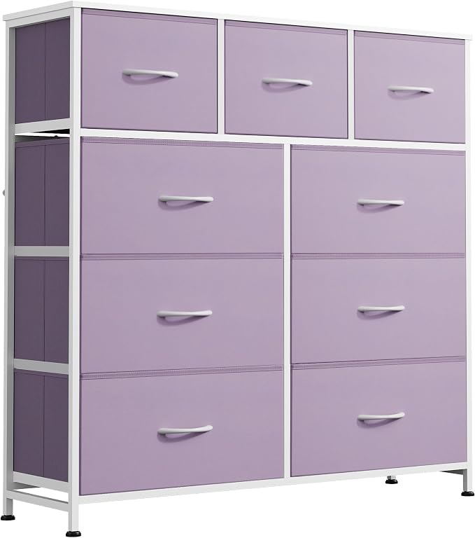 WLIVE Tall Dresser for Bedroom, 9 Drawer Chest of Drawers, Purple | 9 roomy fabric drawers, Tall storage design, Bedroom or closet use, Sturdy steel frame, Smooth wood tabletop