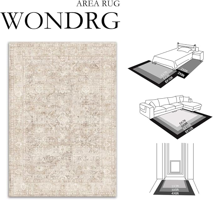 4x5 Beige Neutral Living Room Bedroom Area Rug | Washable, Soft, Non Slip, Low Pile, Vintage, Distressed, Carpet for Dining Room Nursery Office Indoor Home Decor
