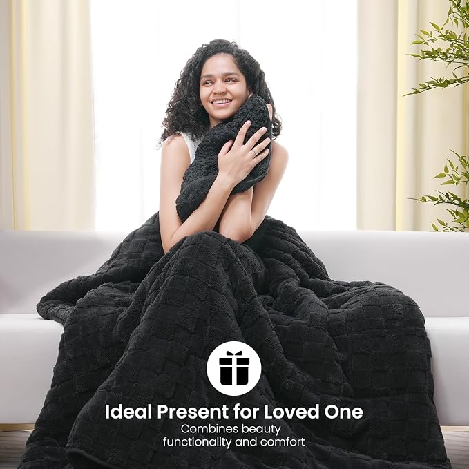 Drewin Weighted Blanket Twin Size for Adults 15lbs,Black,48 x 72 inches | Great for Sleep Natural and Relaxing，Soft Jacquard Sherpa with Glass Beads，Cozy Heavy Throw Blankets，Machine Washable
