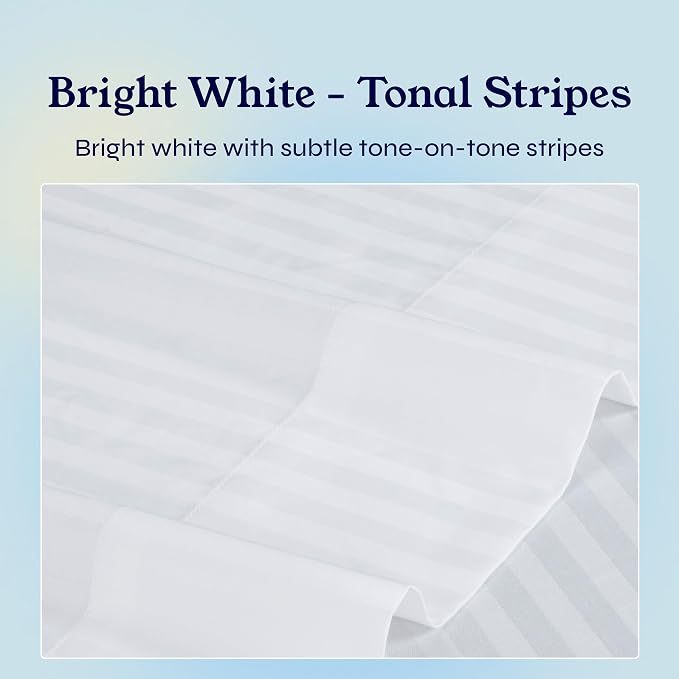 Pack of 2 100% Cotton Sateen Deep Pocket King Fitted Sheets, Striped White | 2 Fitted Sheets, 400 Thread Count Backed by Good Housekeeping Seal, 16" Deep Pocket, All-Around Elastic, No-Pop Fit, Durable