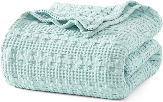 PHF Lightweight 100% Cotton Waffle Blanket for Bed, King, Mint | Pre-Washed Soft Cotton Comfort, Breathable Layering Warmth for Fall & Winter, Bed, Sofa, Couch, Home Decor & Gifts