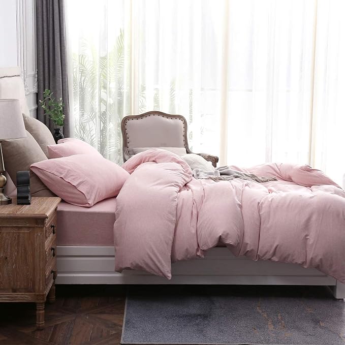 PURE ERA Jersey Knit Sheet Set Heather Pink King | 100% Cotton, 3 Piece Set, T Shirt Soft, Breathable, Envelope Closure Pillowcases, Hidden Zipper, 8 Ties, No Insert, Modern