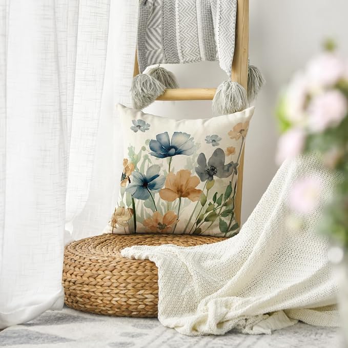 AVOIN colorlife Chinoiserie Poppy Flowers Throw Pillow Cover 18x18 Inch | Light Brown Blue Seasonal Leaves Cushion Case Decoration for Sofa Couch Farmhouse