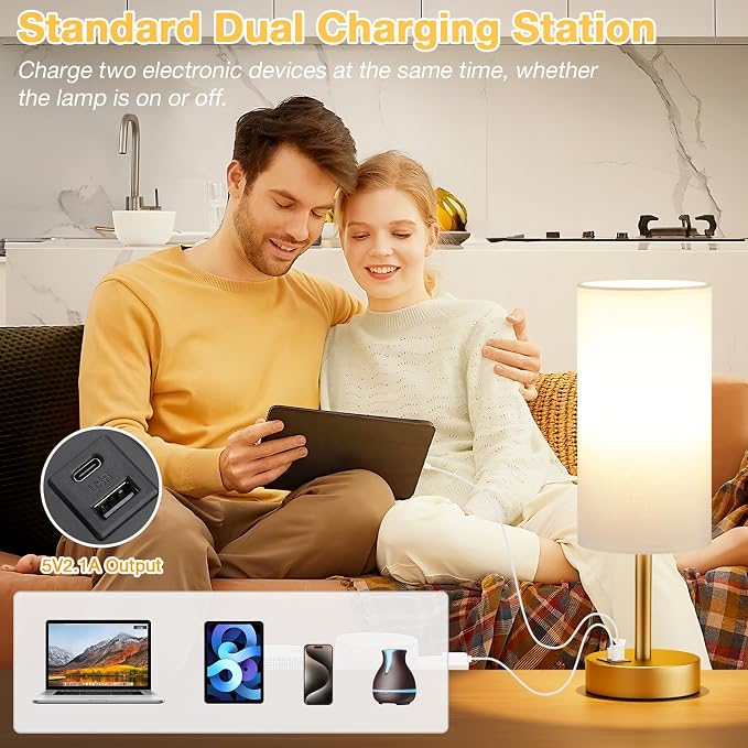 Dicoool Bedside Table Lamp for Bedroom - 3-Way Dimmable Touch Lamp, USB A+C | LED Bulb Included, 14" Small Nightstand Lamp for Desk, Living Room, Guest Room, White Fabric Lampshade, Gold Metal Base
