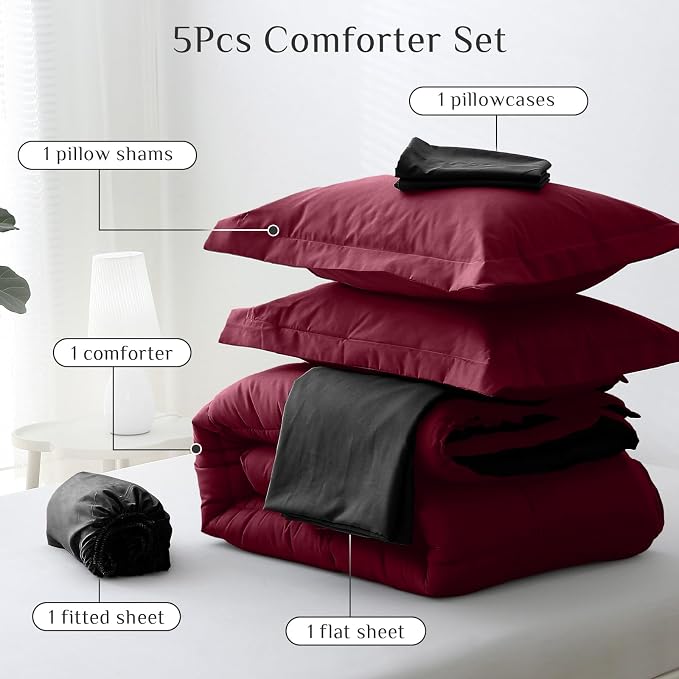 JOLLYVOGUE Twin Comforter Set, Ultra-Soft Bed in a Bag Twin Size 5 Pieces, Oeko-TEX Certified Bedding Set with Down Alternative Comforter, Sheets, Pillowcases & Shams, Burgundy & Black
