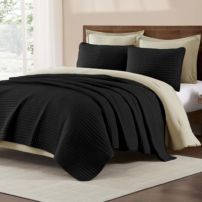 King Size Quilt-Lightweight Black Bedspreads King Quilt Bedding Set | Soft Coverlet with 2 Pillow Shams for All Seasons, Suitable for Bed, Couch, 3 Pieces, 106"x94"