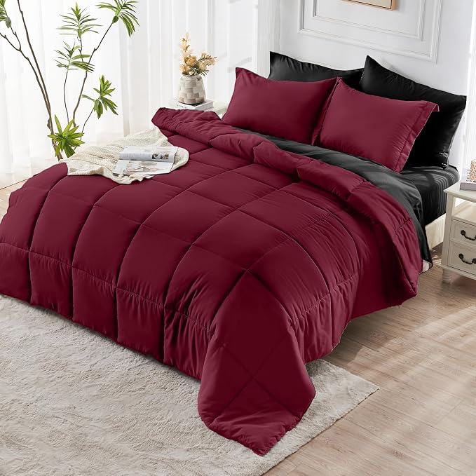 JOLLYVOGUE Full Comforter Set, Ultra-Soft Bed in a Bag Full Size 7 Pieces, Oeko-TEX Certified Bedding Set with Down Alternative Comforter, Sheets, Pillowcases & Shams, Burgundy & Black