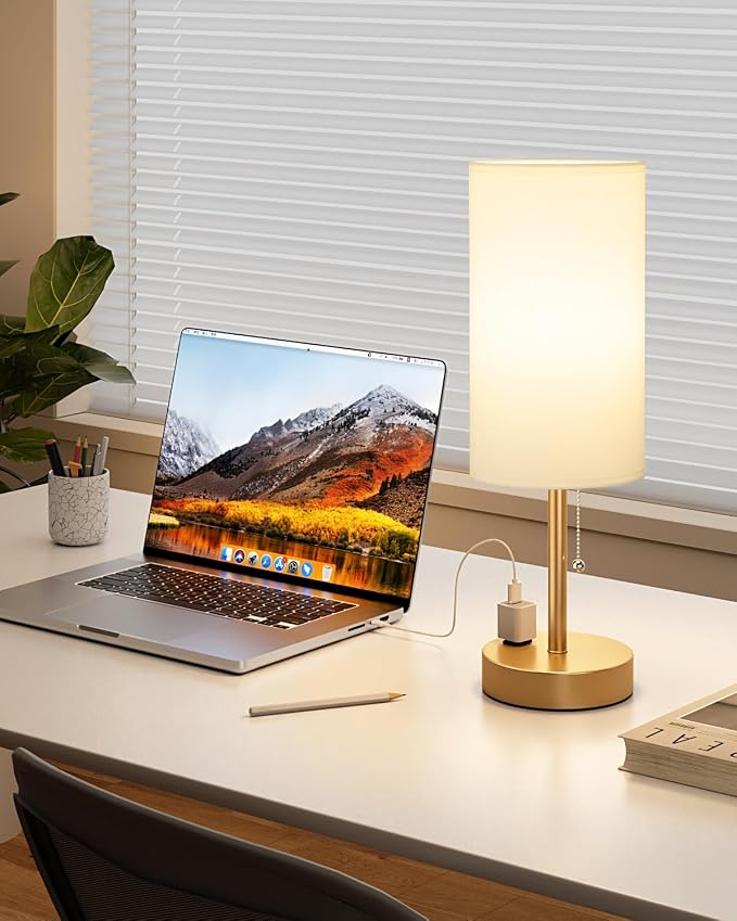 17.4" Gold Bedside Table Lamps Set of 2 - Bedroom Lamp, USB C+A, AC Outlet | 3CCT(3000/4000/5000K), LED Bulbs Included, White Fabric Lampshade, 17.4in Large Lamp for Nightstand, Living Room, Dorm, Desk