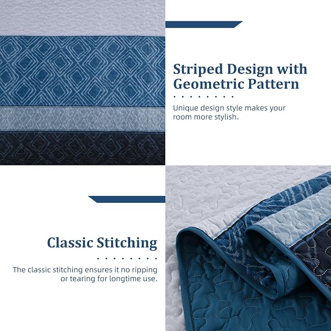 Cottolester Navy Blue California King Quilt Set,Striped Plaid Bedspread | Ultra Soft Lightweight Coverlets Set with 2 Pillowshams for Men Women,Microfiber Quilt Bedding Sets for All Seasons 110"x96"