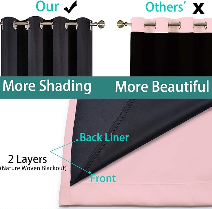 Yakamok Pink 100% Blackout Curtains 84 Inches Long for Bedroom 52" Wide | Blackout Curtain Panels for Bedroom, 2 Thick Layers Grommet Top Thermal Insulated Drapes with Black Liner for Living Room