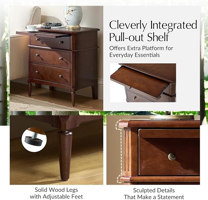 HULALA HOME 30 Inches Side Table with Charging Station, Set of 2, Walnut | Spindle Legs, Hidden Drawer, Pull-Out Tray, Built-In Outlet, Chamfered Edges, Adjustable Feet, Transitional Style
