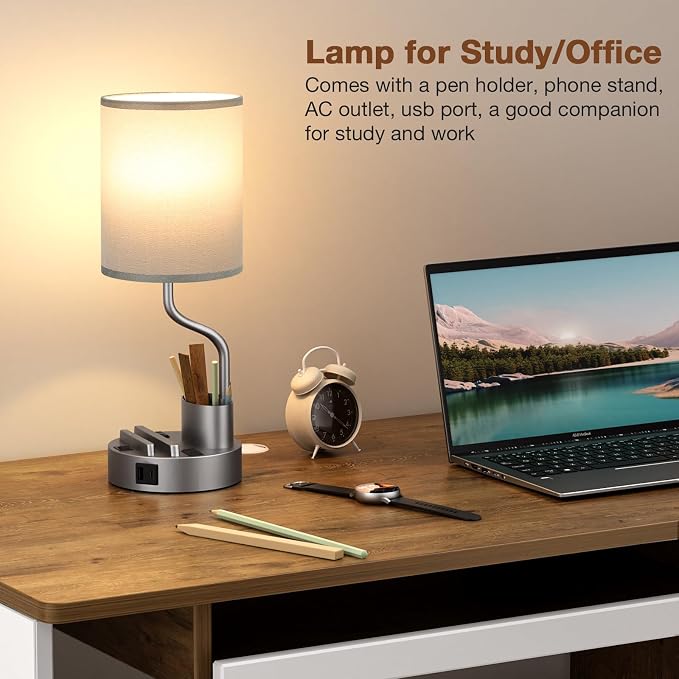 Bedside Lamps for Bedroom Set of 2 - Table Desk Lamp for Nightstand | 15" Table Lamp for Living Room with Pen Holder & Phone Stand, USB A+C Port, AC Outlet, 3 Color Temperature, LED Bulb Included