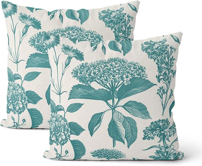 Aqua Teal Pillow Covers 18x18 Inch 2 Pcs Boho Vintage Floral Decor Throw Pillows Hydrangea Flower Summer Outdoor Farmhouse Neutral Accent Decoration Pillowcase Linen Cushion Cover for Sofa