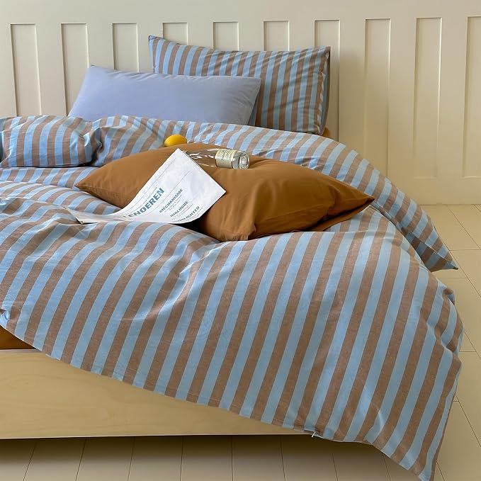 LifeTB Queen Comforter Set Vintage Striped Comforter Set, 3 Pieces Blue Brown Stripes Pattern Printed Comforter with 2 Pillowcases, Fluffy Soft Lightweight Retro Striped Bedding Set for All Seasons