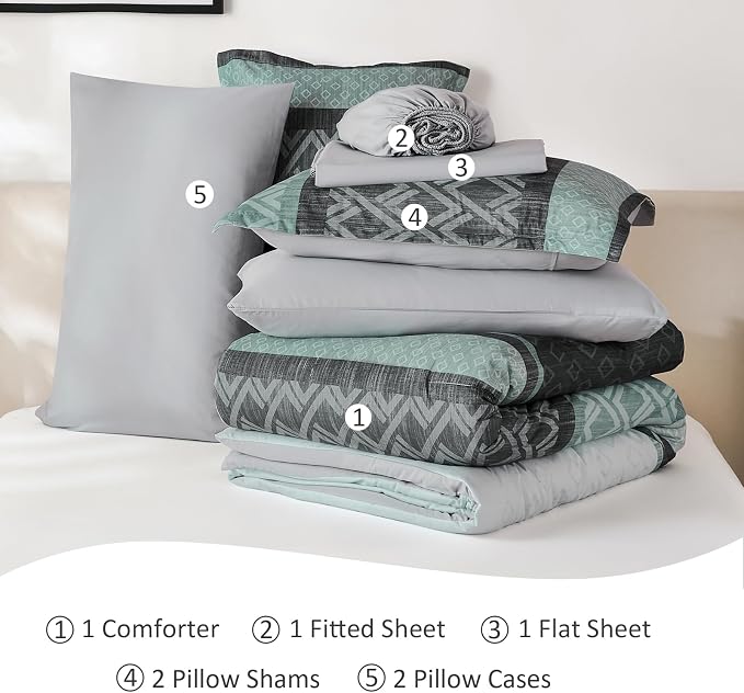 Boho Comforter Set Queen Size,Green and Grey Striped Bed in a Bag | 7 Piece Plaid Comforter Set,Soft Microfiber Bedding Sets